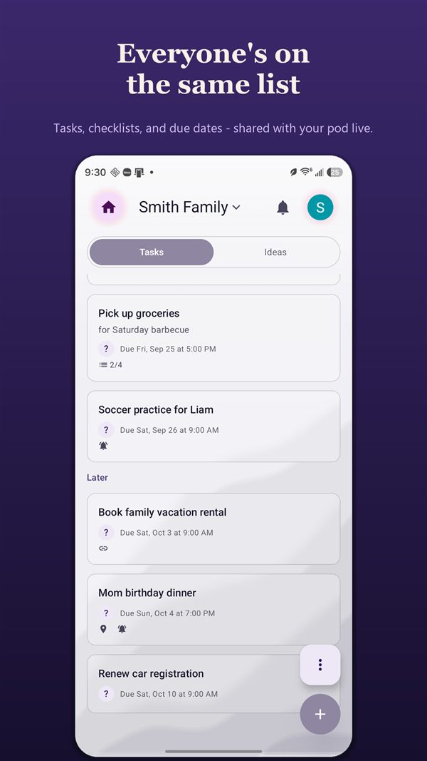 Together.Tasks task list for the Smith Family pod